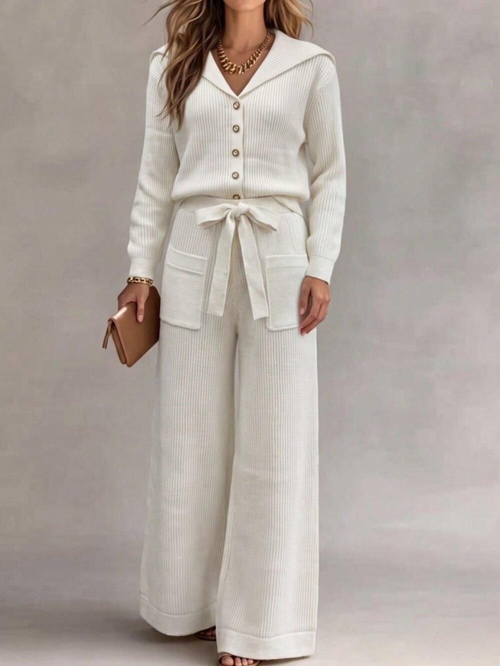 White Casual Women's Knit Sweater Set, Collared Cardigan & Bowknot Pocket Pants